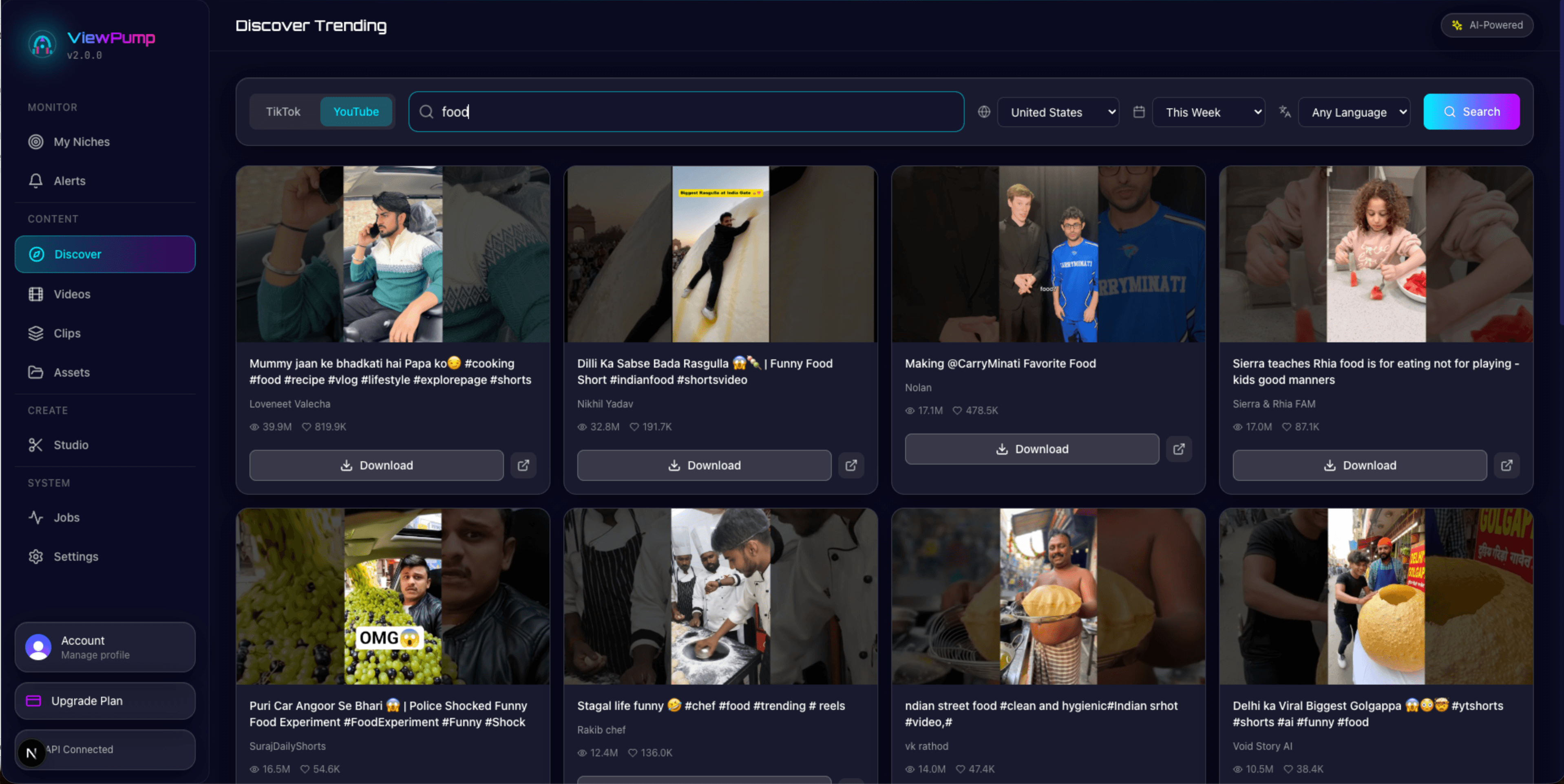 ViewPump AI viral content curation dashboard showing trend detection, virality scoring, and multi-platform monitoring across TikTok, YouTube, and Instagram