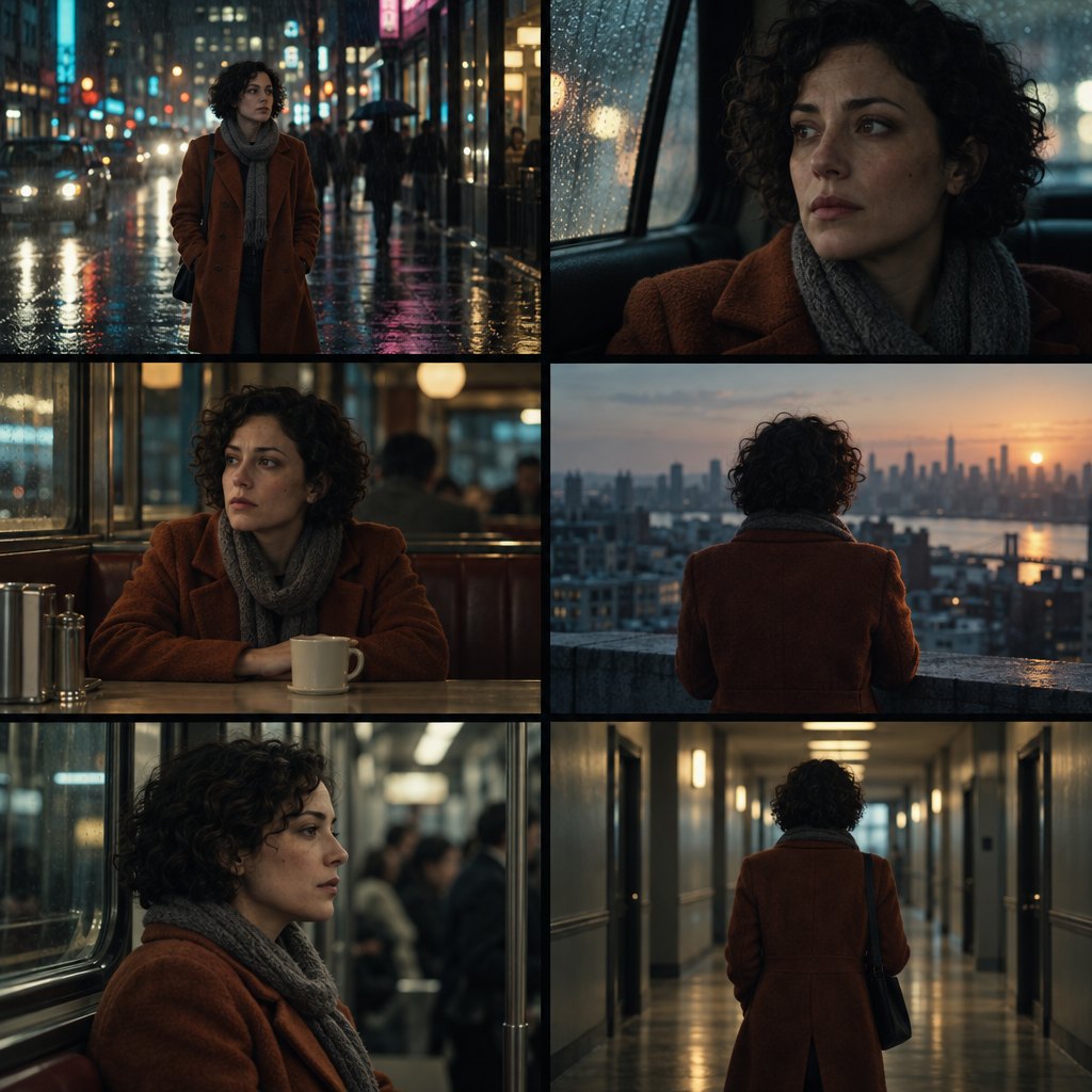Six film stills showing the same character with identical face and wardrobe across different scenes